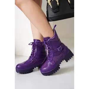 Hot Rod Chunky Heel Combat Boots - Platform Lace Up Ankle Boots - Purple