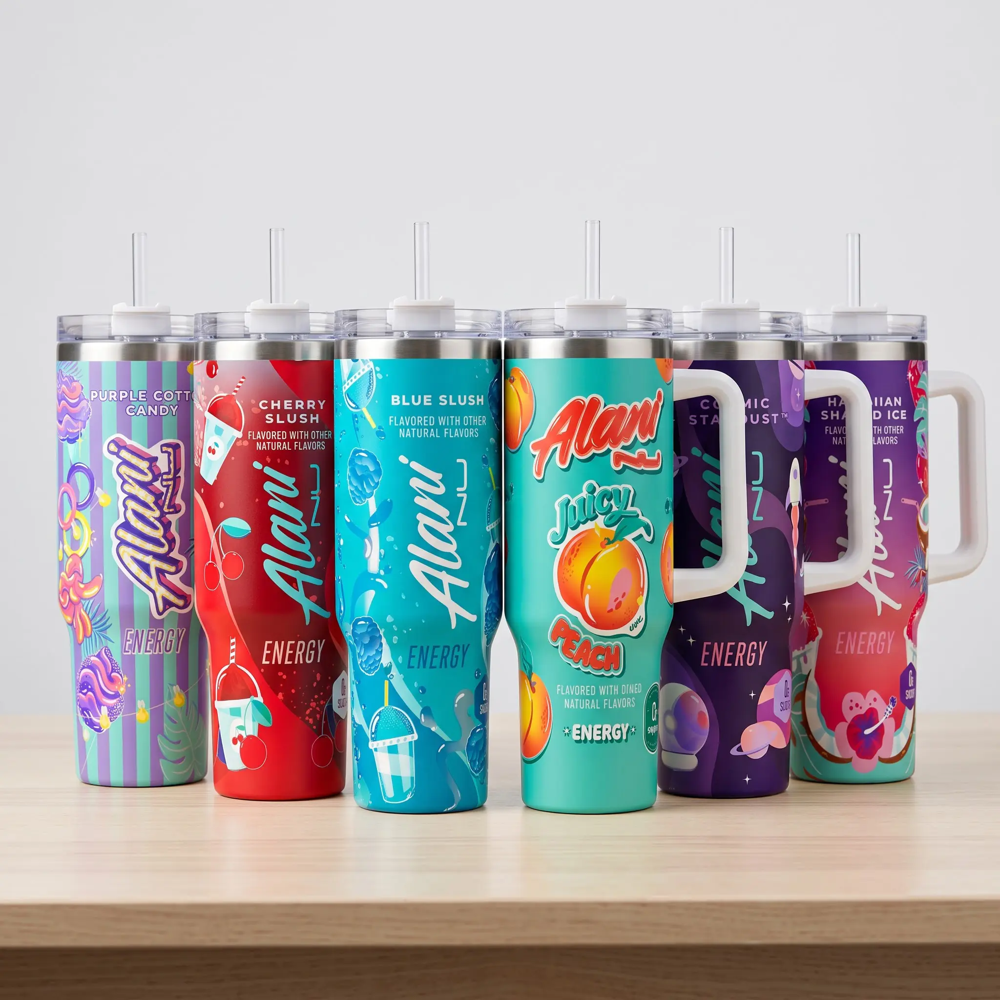 Alani Nu Energy Drink Tumbler 40oz Handle Straw, Insulated Travel Mug, Juicy Peach Cherry Blue Slush Cotton Candy Cosmic Stardust Cup, Energy Drink Fan Collector Gift, Vintage Retro Car Water Bottle