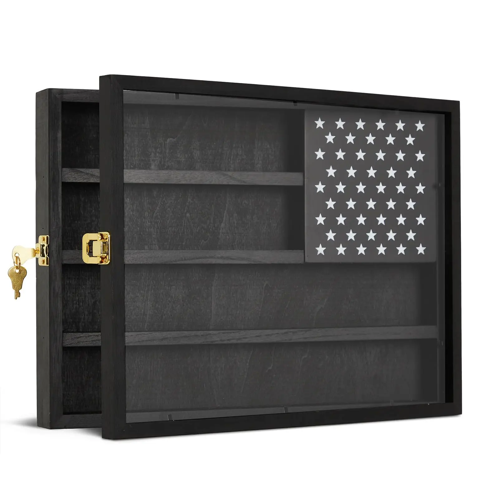 Garvee 4 Row Wooden Military Coin Display Case with Lockable Acrylic Door, Wall Mounted Shadow Box for Medals, Poker Chips, 11x15 Inch Black