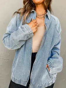 Elastic Edge Collared Zip Up Denim Jacket With Pocket