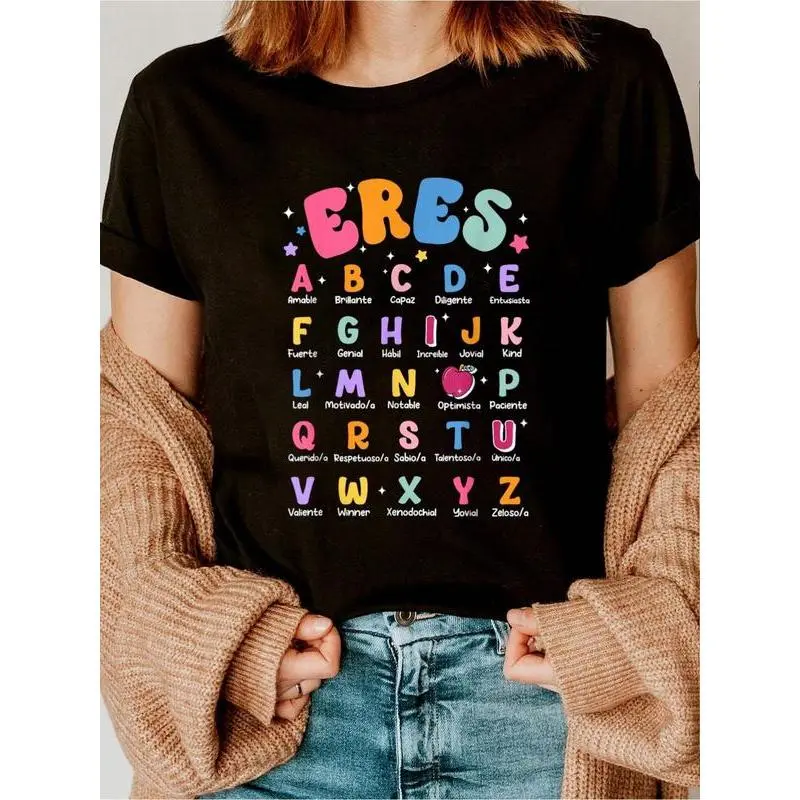 Women's Cotton Bilingual Spanish Maestra Teacher Multilingual Affirmation Graphic T-Shirt - Round Neck, Short Sleeve, Casual, Loose, Chic, Soft, All-Season, Machine-Washable, Non-Iron Top, Streetwear, Jackets