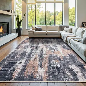 8x10 Large Area Rugs for Living Room, Machine Washable Rug, Soft Modern Abstract Rug for Bedroom, Stain Resistant Non Slip Low Pile Foldable Carpet for Dining Room Dorm Decor, Grey, Brown, Blue,4x6, 5x7, 6x9, 8x10 Feet