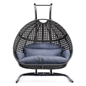 2 Person Wicker Hanging Swing Chair with Stand and Dust Blue Cushion (Black + dust blue)