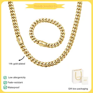 14K Gold Plated Cuban Link Chain & Bracelet Set, Waterproof & Non-Tarnish Miami Hip Hop Jewelry