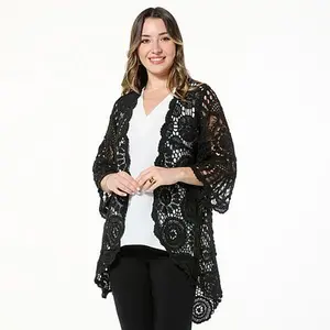 Nina Leonard Bell-Sleeve Open Front Crochet Cardigan