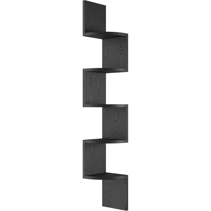5-Tier Wooden Wall-Mount Radial Floating Corner Shelf, Multifunctional Durable Display Storage Shelf for Home Office Decor, Bath Storage Solutions (Black)