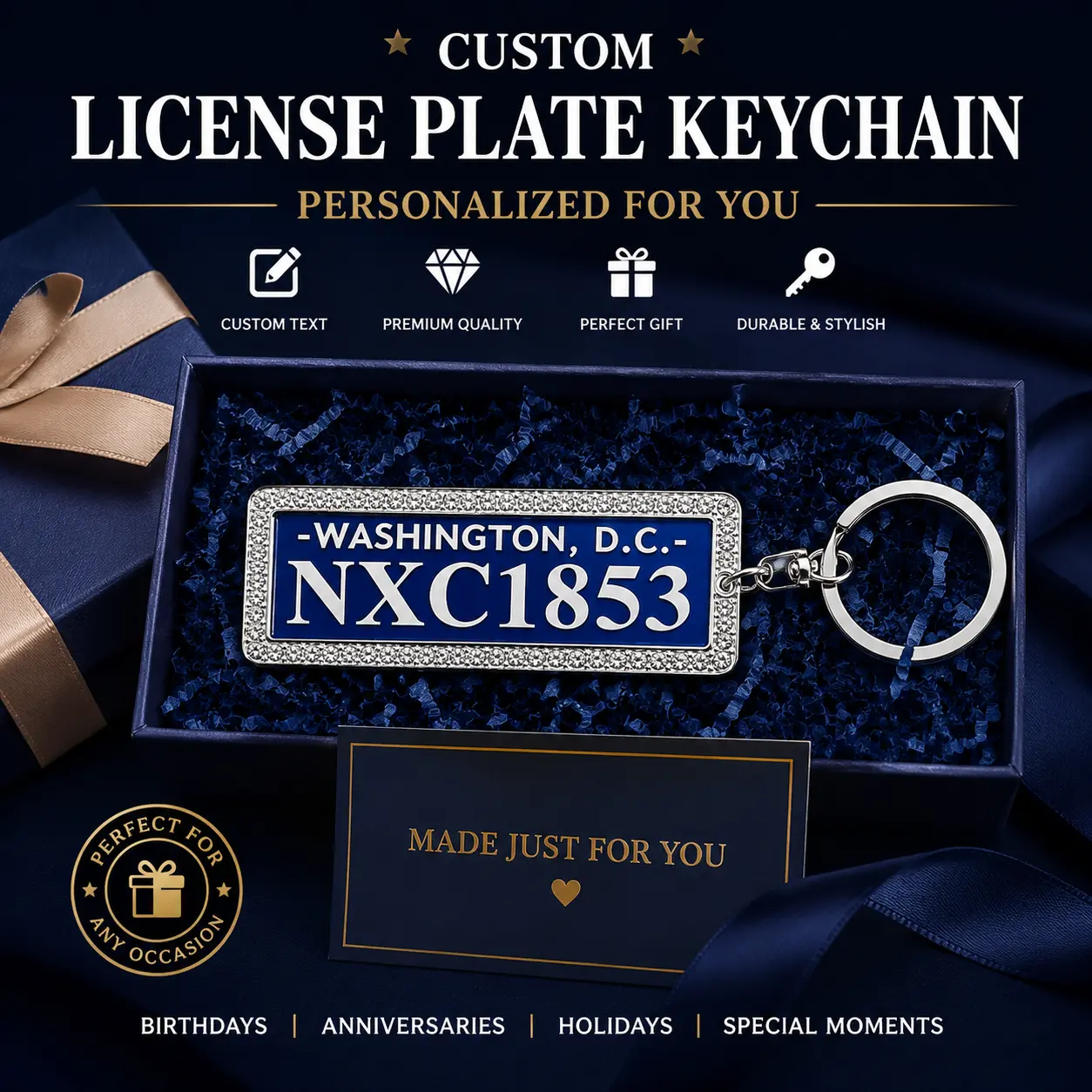 Trendy Personalized Blue Plate Keychain | Custom Message & License Number Diamond Frame Key Holder For Men Women Drivers