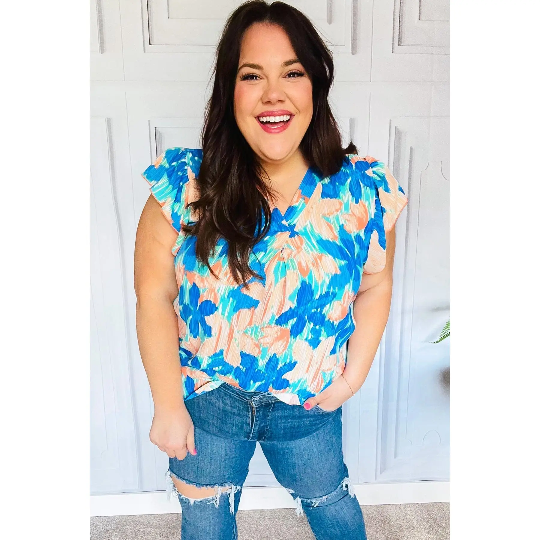 Tropical Breeze Turquoise Floral Banded V Neck Flutter Sleeve Top