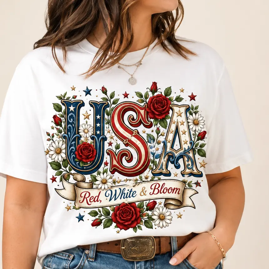 Women’s 200GSM Cotton Spandex Soft Short-Sleeve Round Neck T-Shirt Top - Breathable, Patriotic Red White Bloom USA Rose Daisy Floral Graphic, Casual Fit Piece for Teachers, Ideal for Thanksgiving, Easter
