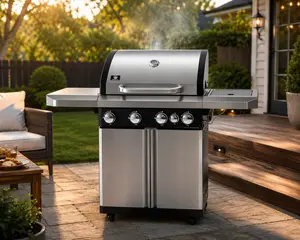 Silver- 4+1 Burner Propane Gas Grill with Side Burner, 50,000 BTU Stainless Steel BBQ Grill, 570 Sq. In. Cooking Area, Porcelain-Enameled Cast Iron Grates, Electronic Ignition