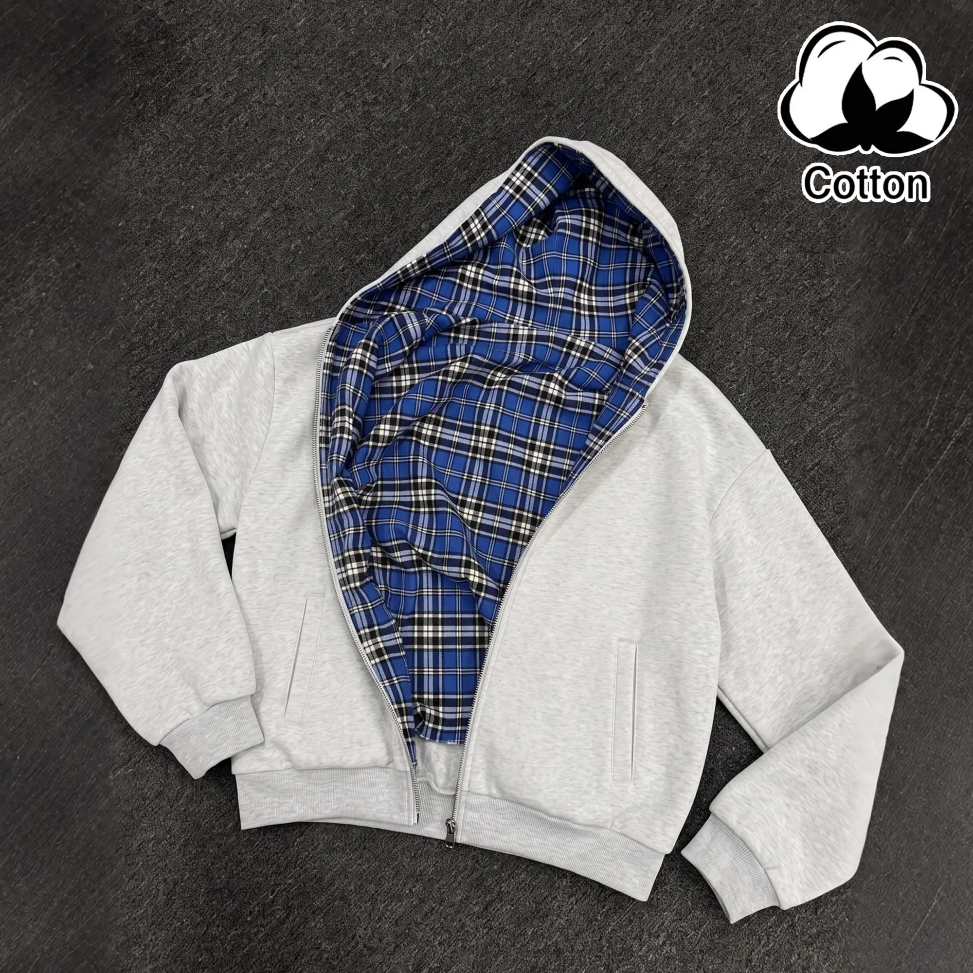 Reversible zip-up hooded jacket | Soft sweatshirt fabric + plaid outer layer, unisex loose short jacket suitable for everyday streetwear, commuting, shopping, and weekend casual wear in autumn and winter.
