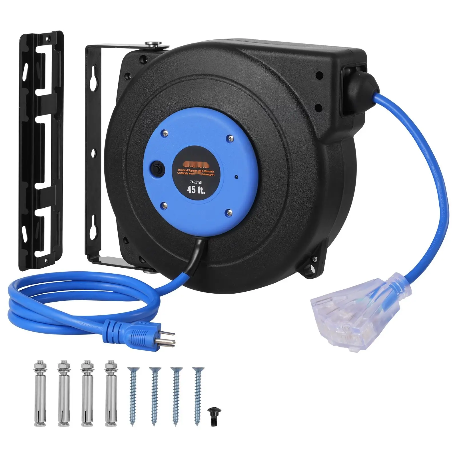 Retractable Extension Cord Reel, Heavy-Duty Power Cord Organizer, 45-Foot 12 AWG SJTOW Cable, 3-Conductor, Cord Reel With Swivel Mount And Cord Lock For Garage, Workshop, Outdoor Use, Durable Portable Reel