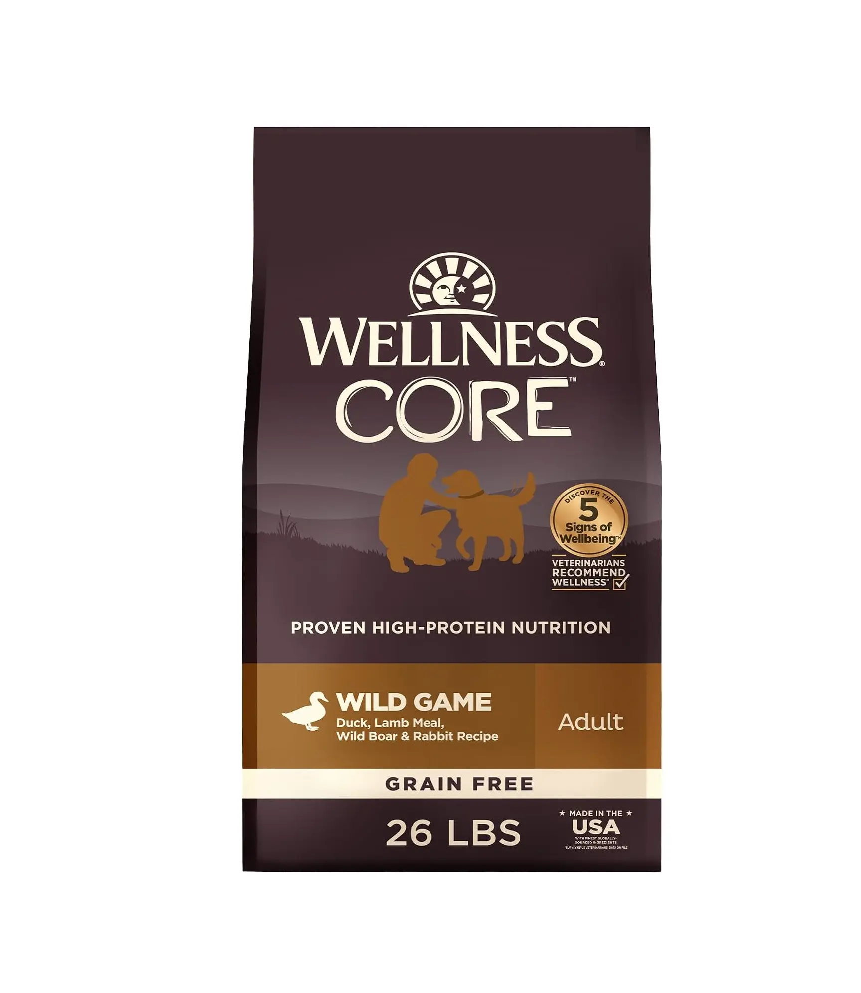 Wellness CORE Grain-Free High-Protein Natural Wild Game Dry Dog Food, Duck, Lamb, Wild Boar & Rabbit Recipe, 26-lb Bag
