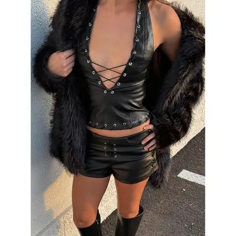 Captivated Faux Leather Halter Top Black