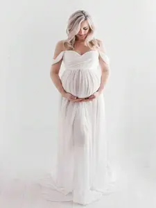 ALLITA Maternity Off-Shoulder Floor-Length Photoshoot Dress Spring White