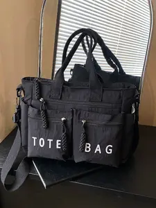 Women's Letter Decorated Multi-Pocket Tote Bag, Multiple Compartments Organizer, Casual Commuter Shoulder Crossbody Bag