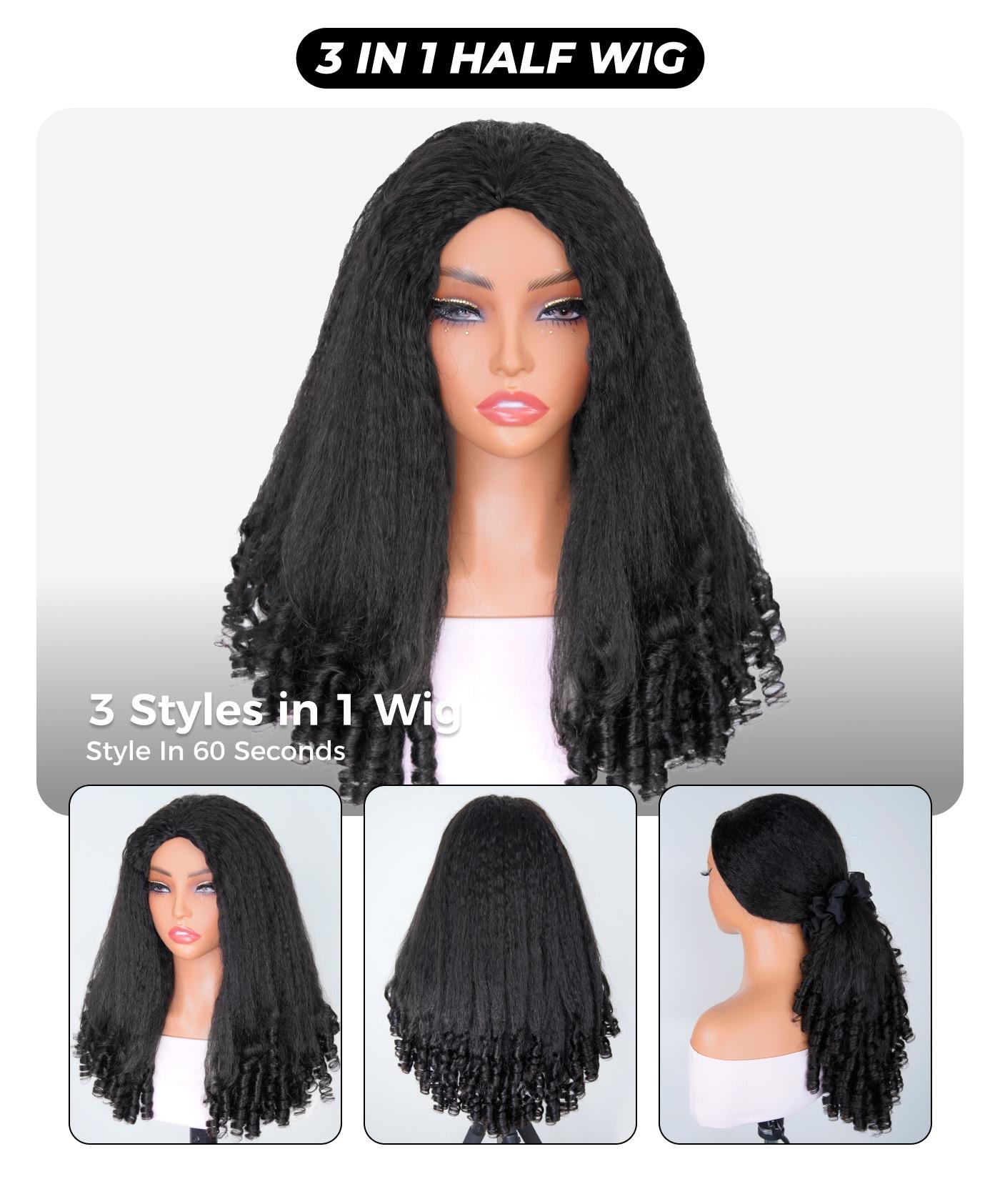 [3 In 1 Half Wig] OQ HAIR Yaki Spiral Curls Half Wig Human Hair 250% Density Wear Go Glueless Kinky Straight Wig With Upgraded Drawstring Cap