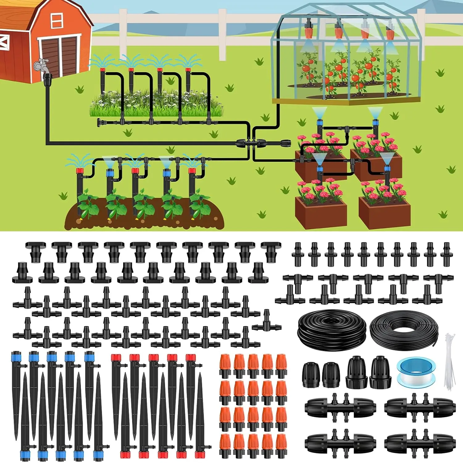 Drip Irrigation System for Garden, 240FT Drip Irrigation Kit with 1/2" & 1/4" Tubing Adjustable Emitters Fittings and Accessories, Garden Watering System for Garden Greenhouse Lawn Yard