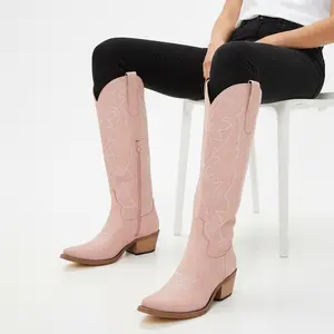 REDTOP Vintage-Inspired Embroidered Cowgirl Boots for Women Soft Pink Synthetic Leather with Intricate Floral & Abstract Embroidery Classic Pointed Toe Design for Casual & Dressy Occasions Walking Shoes - Footwear