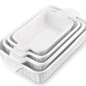 Ceramic Bakeware Sets Of 4, Rectangular Lasagna Pans Deep With Handles For Baking Cake Kitchen, White.