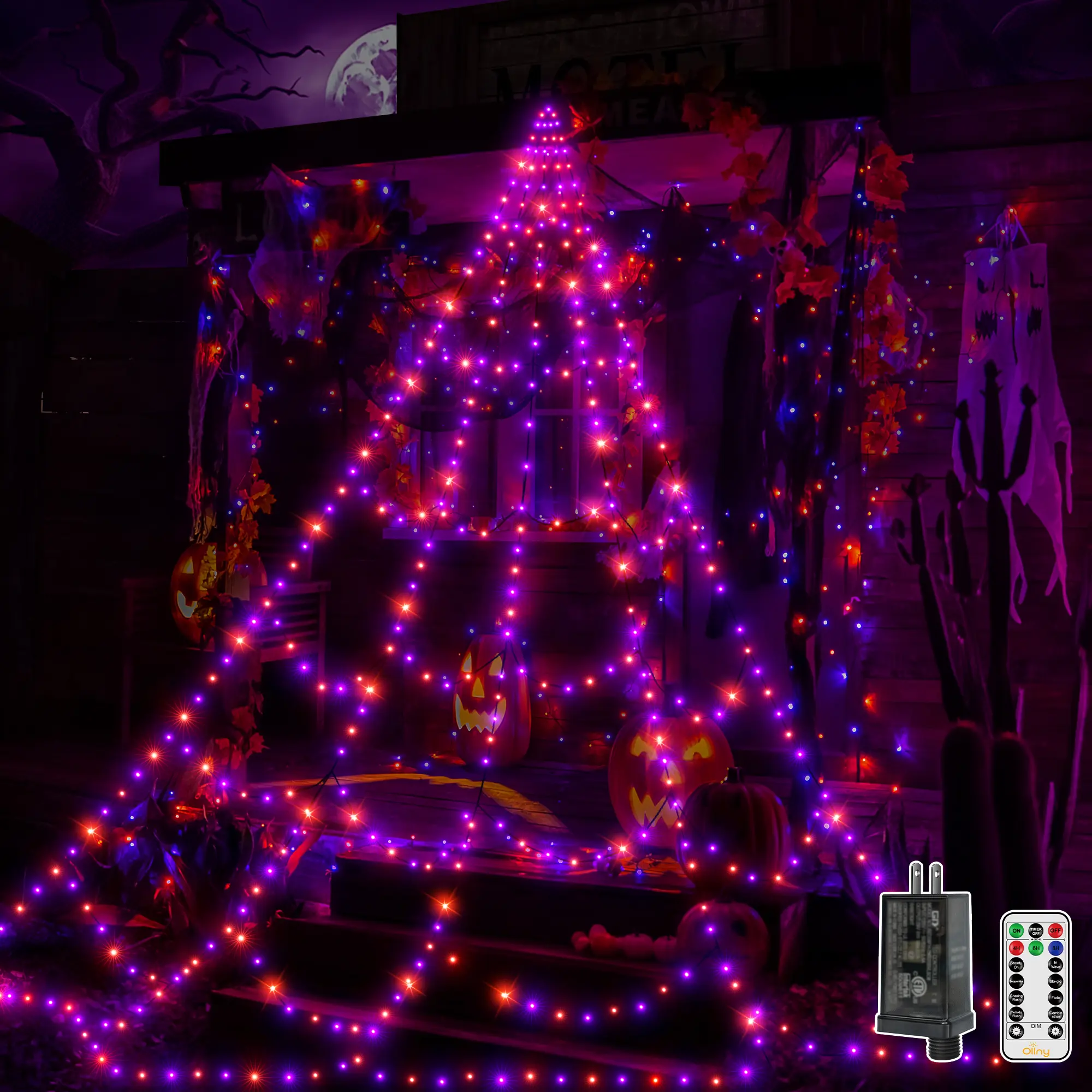 Ollny Halloween Lights Outdoor 266 LEDs Spider Web Lights Halloween Decorations, 9.8 FT Tall Creepy Web Light Plug in 8 Modes Timers Memory Function for Holiday House Party Yard