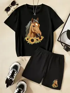 Farmhouse Style Horse And Sunflower Print T-Shirt Set, Children's Trendy Short-Sleeved Short Pants Two-Piece Set, Unique, Casual, Fashionable, Comfortable And Versatile For Daily Wear, Ideal Gift Choice
