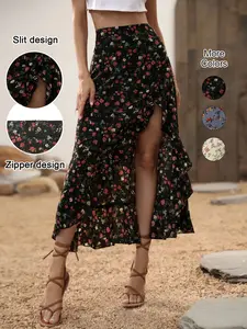 Women's Summer Boho Ruffle Skirt, High Slit Long Regular Fit High Waist Small Floral Print Dress, Casual Beachwear