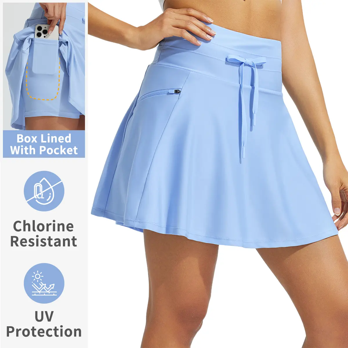 Baleaf 2025 Women's High-Waisted 15'' Lightweight Athletic Swim Skirt with Boxer Liner, Quick Dry, Zipper Pocket, Tennis Attire, Beach Style Tankini Swimsuit Bottoms
