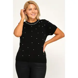 Plus Size Pearl & Rhinestone Knit Sweater Top
