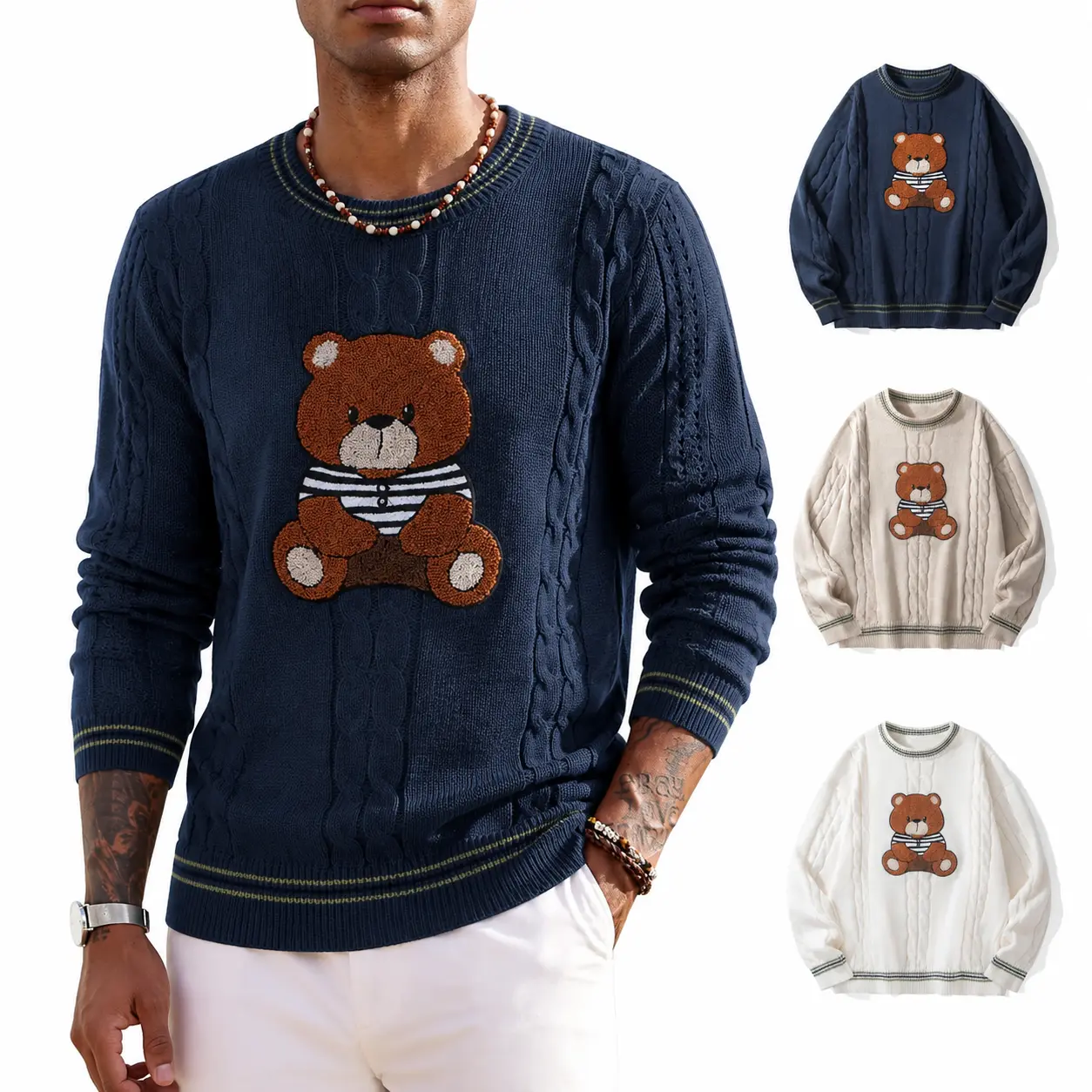 Men's Oversize Cable Knit Sweater with Cute Teddy Bear Patch, Warm Chic Streetwear Fashion Pullover with Striped Trim, Crew Neck, Basic