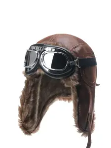 Camel Leather Pilot Hat Set with Goggles, Windproof Ear Protection, Protective Gear, Perfect for Motorcycle Riding & Outdoor Activities, Winter Wear