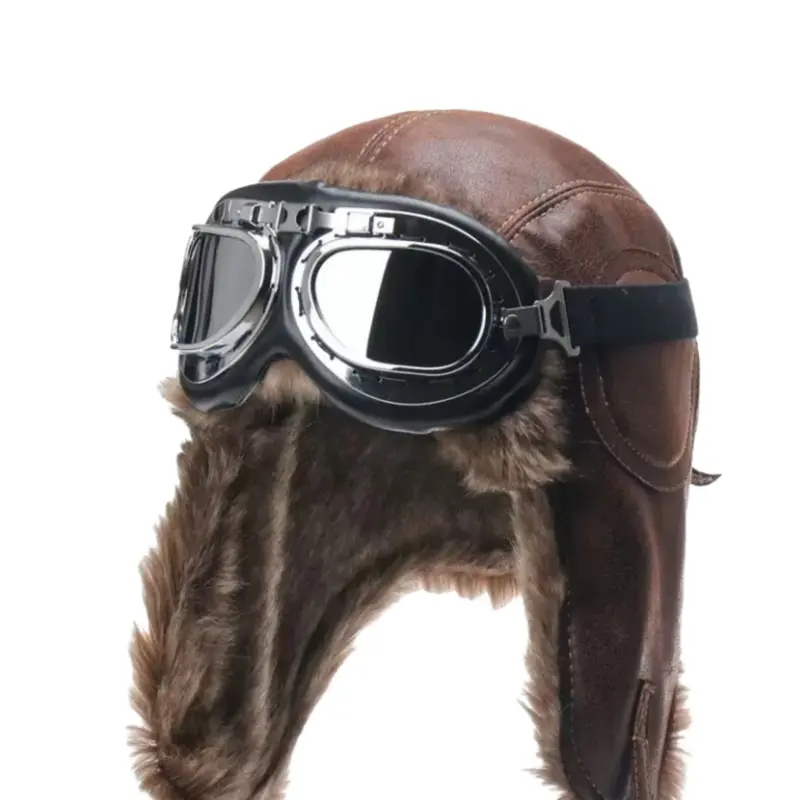 Camel Leather Pilot Hat Set with Goggles, Windproof Ear Protection, Protective Gear, Motorbike Protective Gear, Perfect for Motorcycle Riding & Outdoor Activities, Winter Wear, Dirtbike Gear