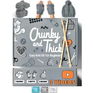 Complete Knitting Kit for Beginners - Learn to Knit Kit with Gray Thick Beginner Yarn, Bamboo Needles, Includes Video Tutorials & Written Guide