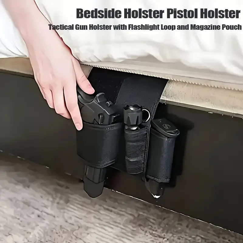Bedside Pistol Holster, Tactical Gun Holster with Flashlight Loop and Magazine Pouch, Suitable for Table, Chair, Sofa, Car, Concealed Portable Tactical Holster, Quick Access, Perfect Holiday Gift for Partner and Family backtoschool
