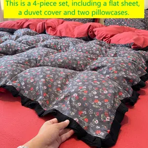 Queen Size Floral Bedding Set, Vintage Ruffle Duvet Cover with Pillowcases + Fitted Sheet + Flat Sheet, Soft Lightweight All-Season