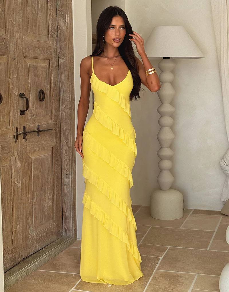 Backless Spaghetti-strap V-neck Dress With Side Slits