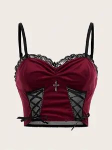 Women's Lace Patchwork Velvet Bralette, Gothic Style Aesthetic Adjustable Sexy Lingerie, Tight-Fitting All-Seasons Underwear