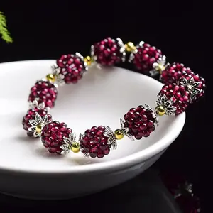 Natural Garnet Crystal Bracelet Small Round Loose Stone Bracelets Wine Red Gem Bead Charm Bracelet for Women Fashion Fine Jewelry