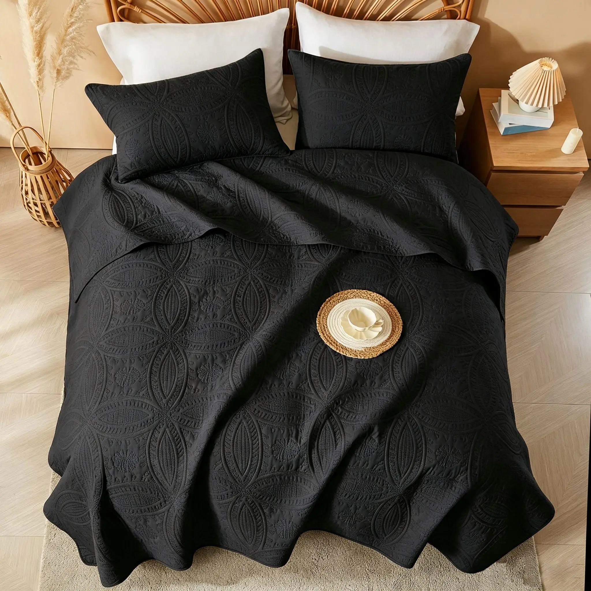 Quilted Bedspread Bedding Set Reversible Coverlet 3 Pcs with Pillow Shams for Summer - Lightweight Embossed Design Smooth  Skin Friendly  breathable