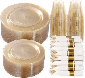 350Pcs Gold Glitter Dinnerware Set 50 Guest for Gold Disposable - 50 Dinner,50 Dessert,50 Per Rolled with Gold Cutlery,50 Cups 9 OZ for Wedding