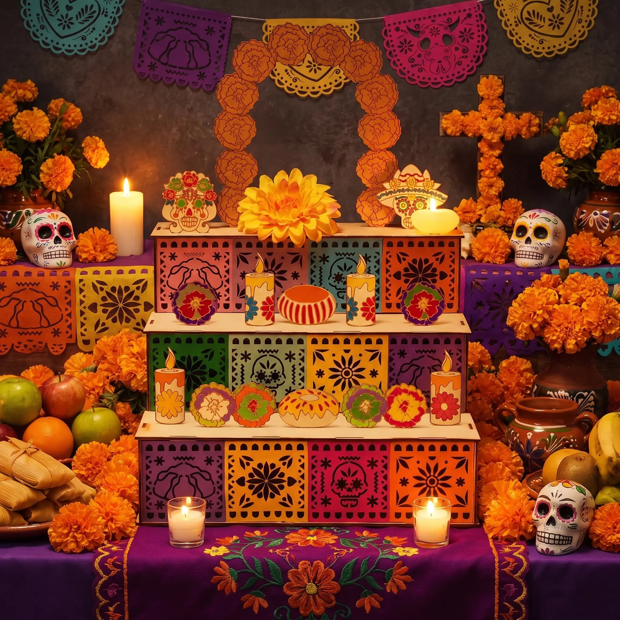3-Tier Traditional Wooden Ofrenda Altar Shrine, Día de los Muertos Cutout Display Shelf, Festive Tiered Wall Shelf Home Decor Stand