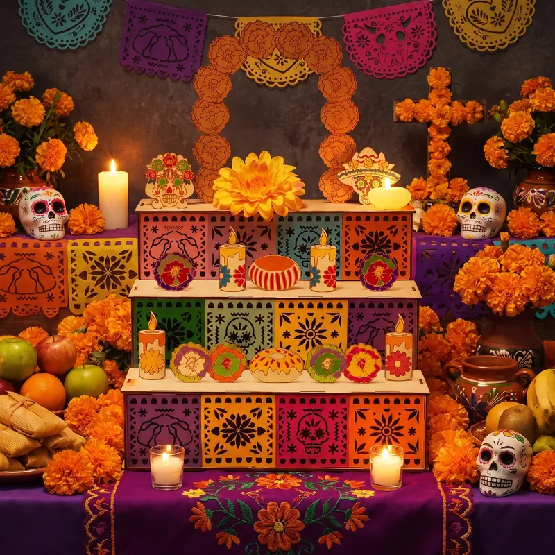3-Tier Traditional Wooden Ofrenda Memorial Altar Shrine, Hollow Día de los Muertos Cutout Display Shelf, Lightweight Festive Wall Shelf with Candle Decoration Home Stand