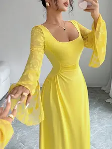 Elegant Women's Long Sleeve Square Neck Chic Ruched Fitted Dress, Pure Color Tight Fit, French Style Flared Sleeves, Autumn Wedding Guest