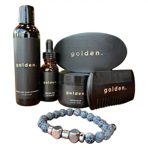 Golden Beard Care Kit with Brush, Balm, Comb, Shampoo & Comfort Items