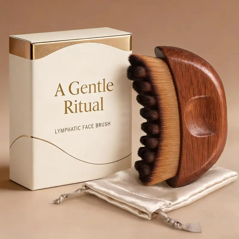 Wooden Lymphatic Contour Face Brush - Facial Beauty Massager with Uniform Density, Unscented, Lymphatic Health Support, Puffy Face Solution, Face+Neck Contour Enhancement, Boosting Radiance, Ideal for Dry Brushing, Comes with Gift Box