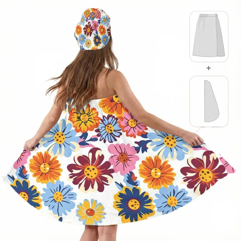 2pcColorful Floral Towel Dress for Women Strapless Post-Bath Spa Wrap Perfect for Showering Relaxation Poolside Bathroom Towel Dress with Head Wrap Adjustable Shower Wrap Towel with Home Hotel Bath Towel Nightgown for Sauna Beach Pool Gym Travel