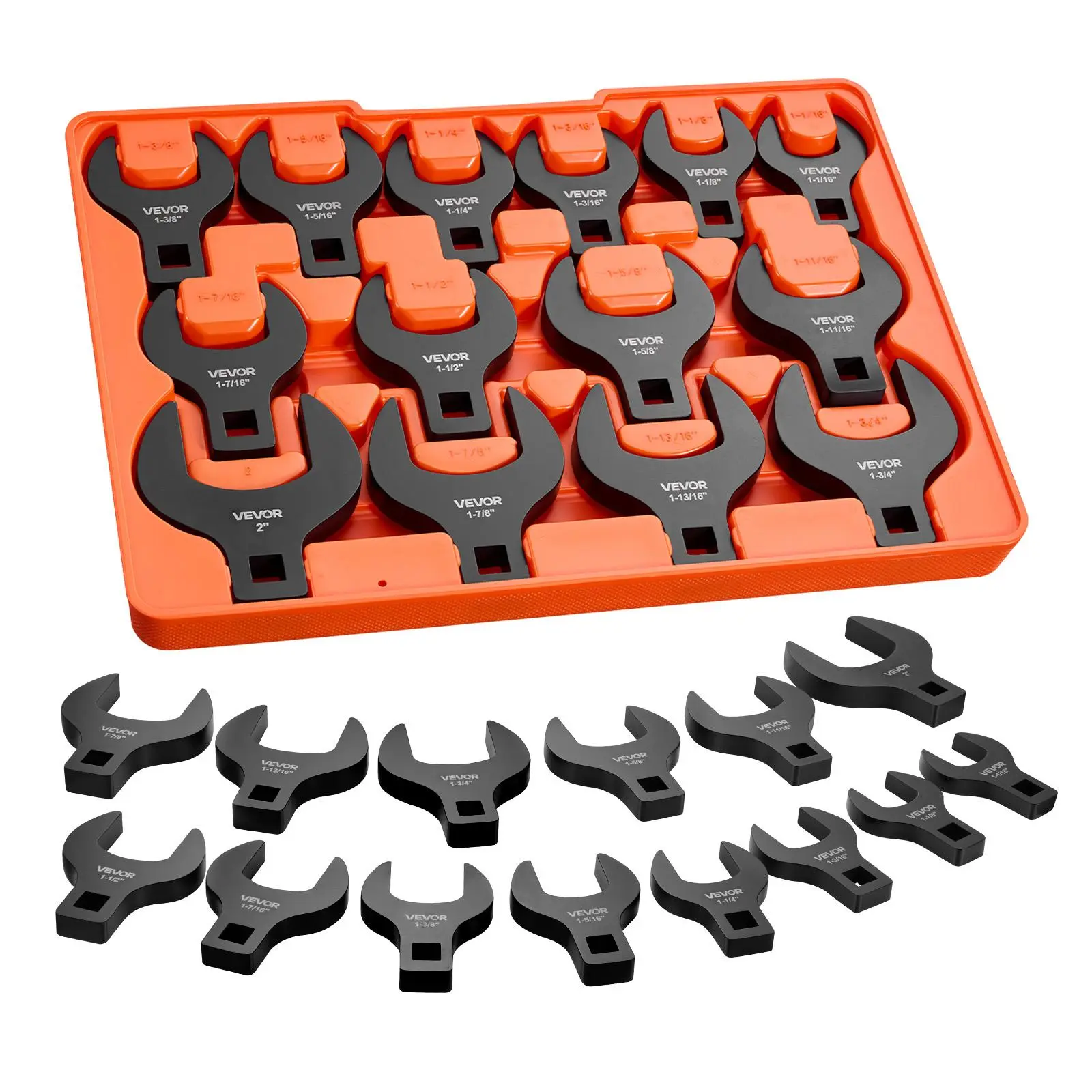 【Summerfinds】VEVOR Crowfoot Wrench Set, 1/2" Drive, 14-Piece SAE 1-1/16" to 2" Crows Foot Wrenches, with Storage Tray, Dual Size Markings on Tools and Tray, for Auto Maintenance or Repairs