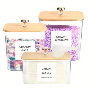 Laundry Room Storage Container, 1 Set Including 3 Counts Clear Laundry Pods Container & 2 Counts Spoons & Labels, Home Organizer for Bathroom, Storage Bottles, Plastic Containers
