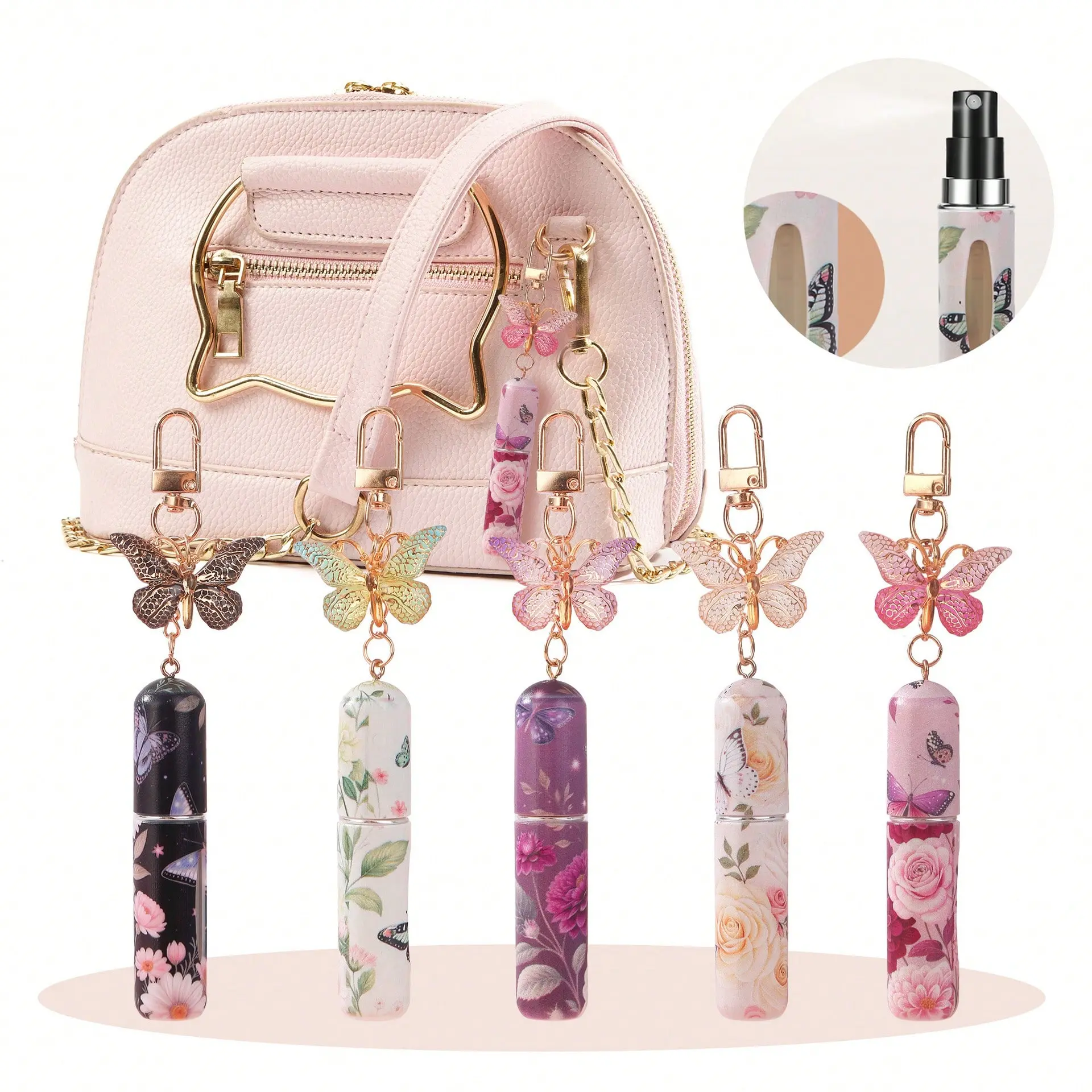 5ml Refillable Crystal Look Butterfly Perfume Keychain Bottle - Press-Type Portable Atomizer, Floral Print, Elegant Bag Pendant Charm, Travel Use Storage Jar, Birthday Gift
