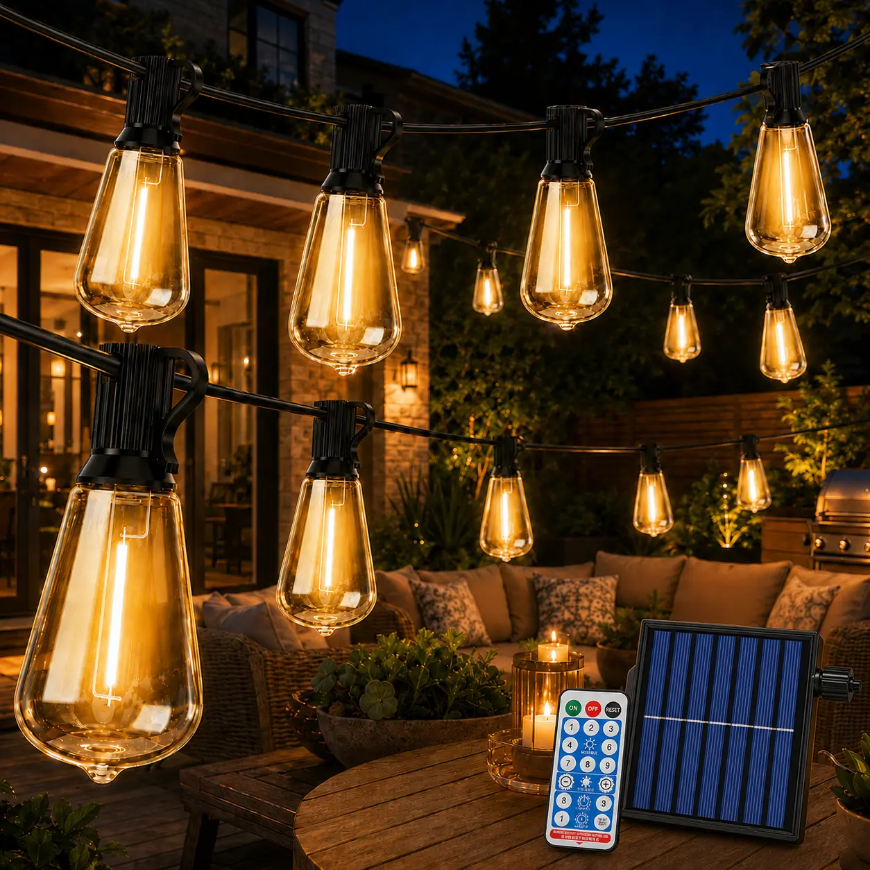 49FT / 15M Solar Outdoor LED String Lights, 25 ST38 Plastic Bulbs + 2 Spare Bulbs, Solar Panel & Remote Control Included, No Plug Needed, Patio Hanging Lights for Backyard, Garden, Porch, Deck, Balcony, Pergola, Gazebo & Camping